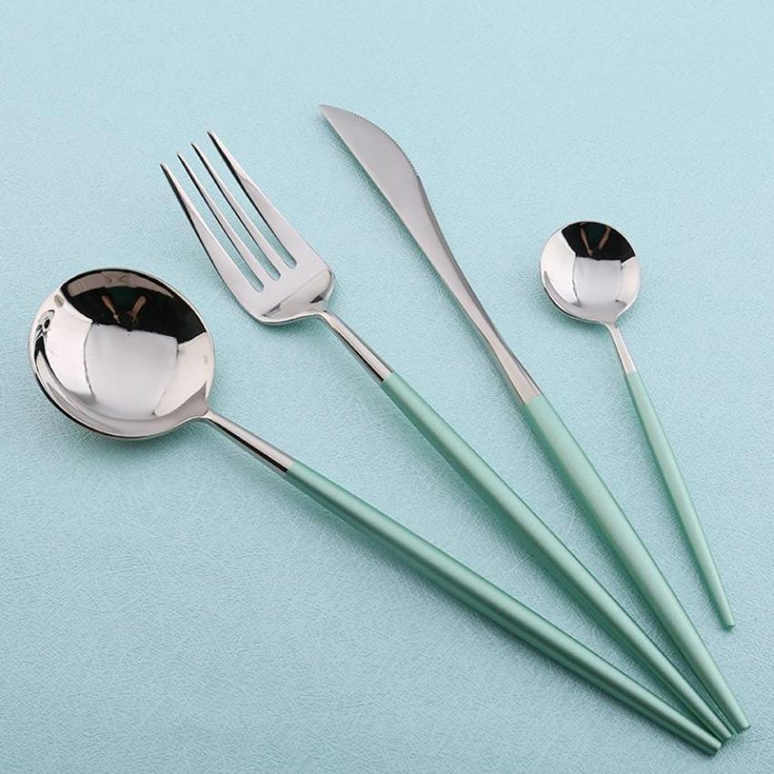 4 Pcs Mirror Surface Mint & Silver Cutlery Set - Nordic Side - 
