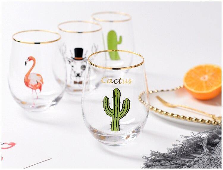 2pcs/lot Creative Flamingo Cactus Cat Printed Glod Glass Cup Crystal Water Wine Beer Drinking Glass - Nordic Side - 