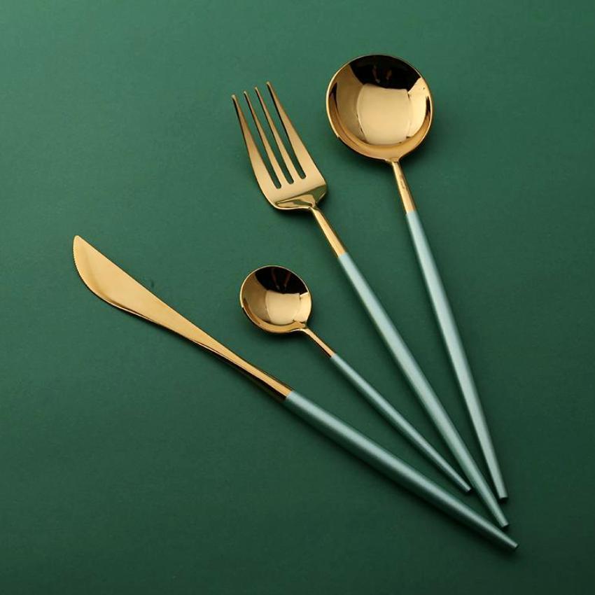 4 Pcs Mirror Surface Mint & Gold Cutlery Set - Nordic Side - 