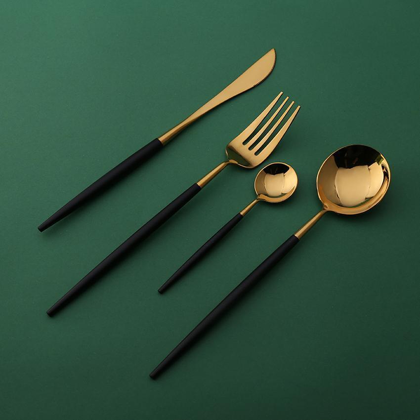 4 Pcs Mirror Surface Black & Gold Cutlery Set - Nordic Side - 