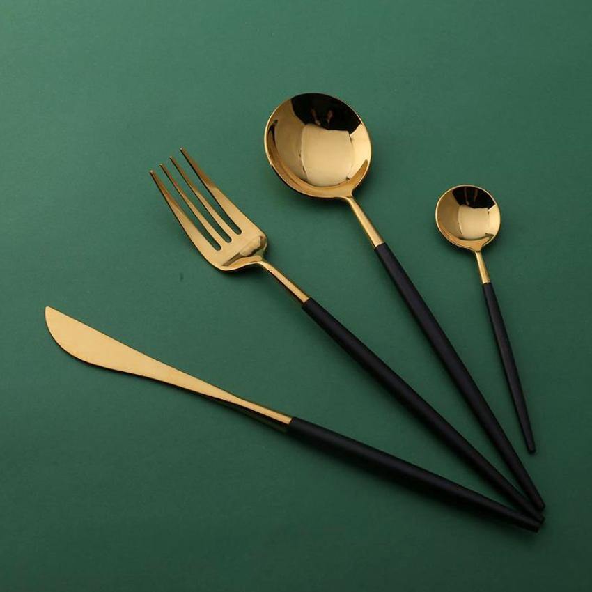 4 Pcs Mirror Surface Black & Gold Cutlery Set - Nordic Side - 