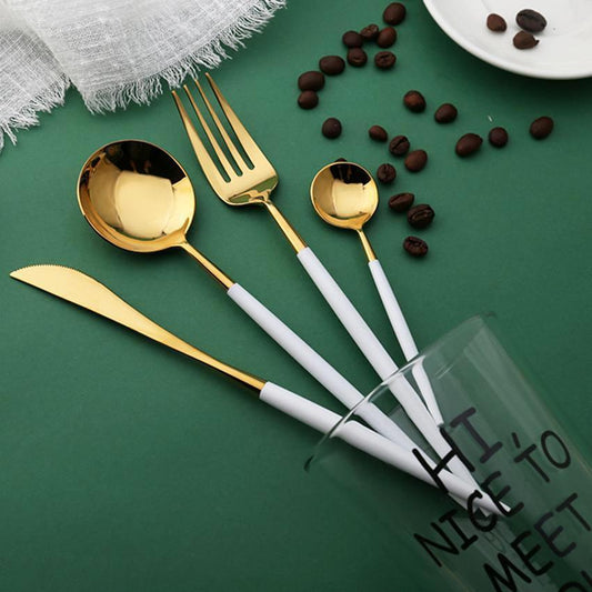 4 Pcs Mirror Surface White & Gold Cutlery Set - Nordic Side - 
