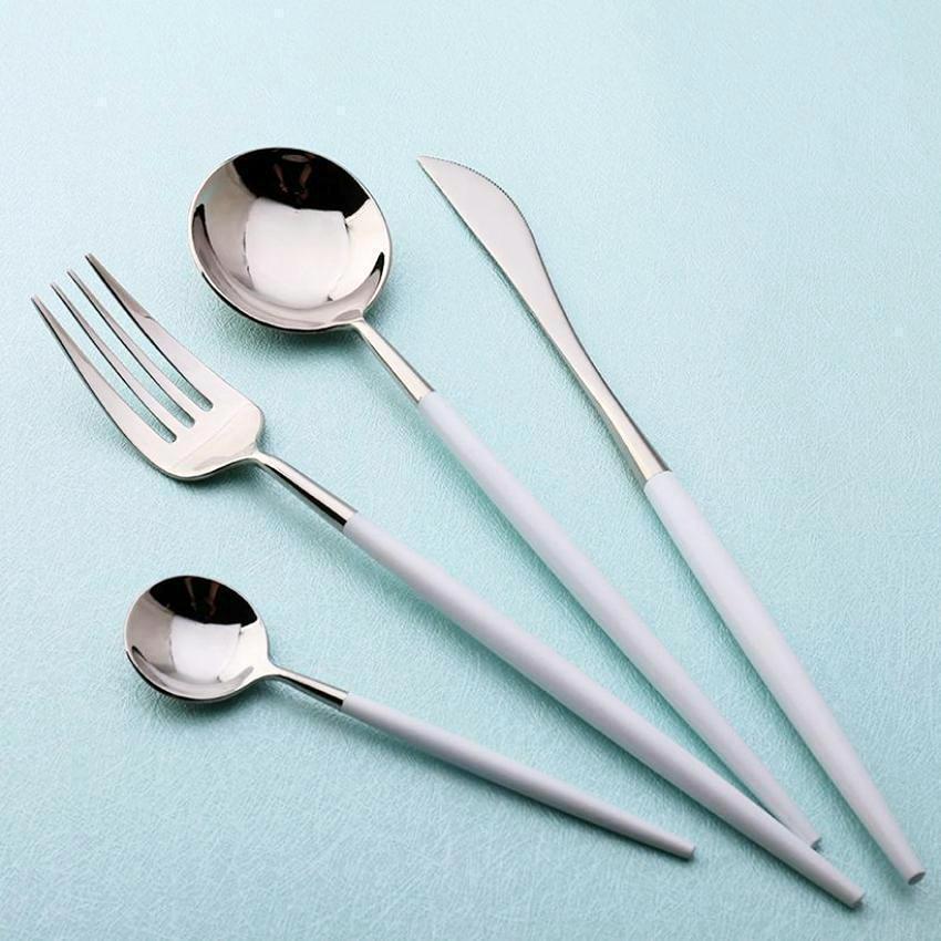 4 Pcs Mirror Surface White & Silver Cutlery Set - Nordic Side - 
