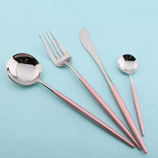 4 Pcs Mirror Surface Pink & Silver Cutlery Set - Nordic Side - 