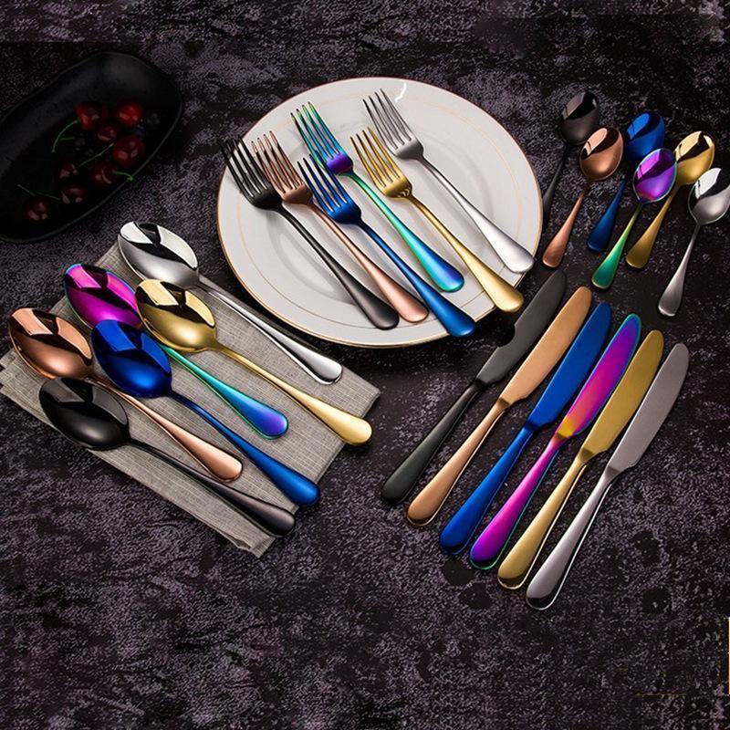 24pcs KuBac Hommi Luxury Golden Stainless Steel Steak Knife Fork Set Gold Rainbow black Cutlery Set With Luxury Wood Gift Box - Nordic Side - 