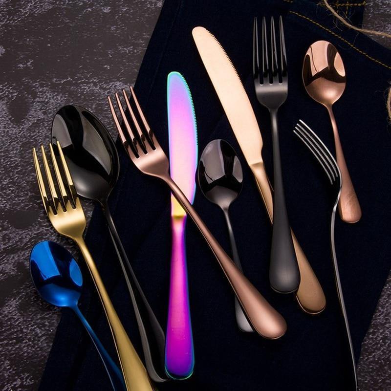 24pcs KuBac Hommi Luxury Golden Stainless Steel Steak Knife Fork Set Gold Rainbow black Cutlery Set With Luxury Wood Gift Box - Nordic Side - 
