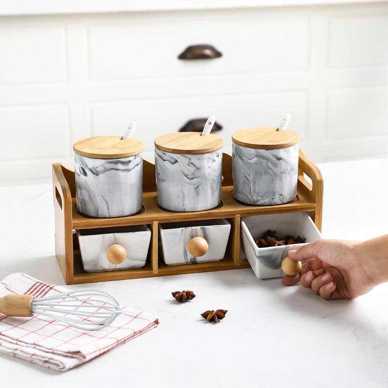 Marble Ceramic Spice Jar with Drawer - Nordic Side - 