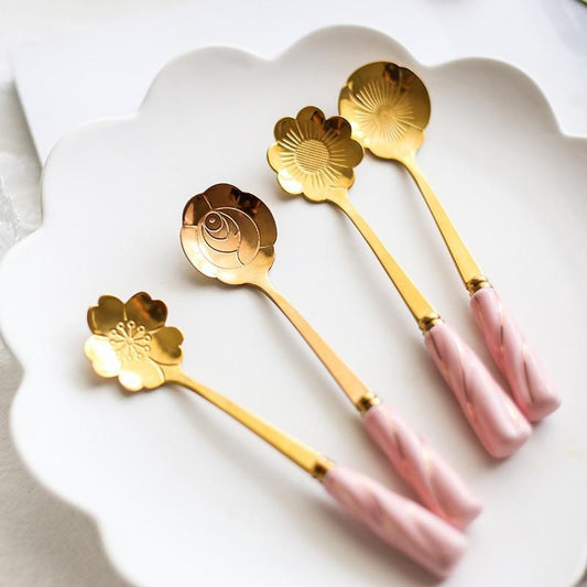 4pcs Set Stainless Steel Luxury Gift Porcelain Coffee Stirring Spoon Gold Color Teaspoon Dessert Spoon Ice Cream Cutlery - Nordic Side - 