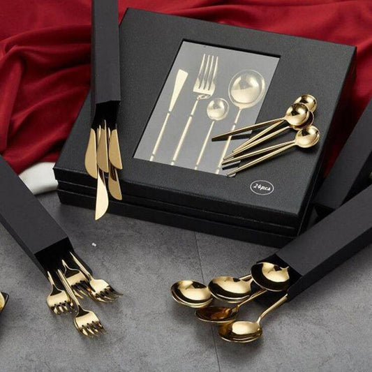 24pcs KuBac Hommi Luxury Golden Shiny Stainless Steel Steak Knife Fork Set Smooth Gold Cutlery Set With Luxury Gift Box - Nordic Side - 