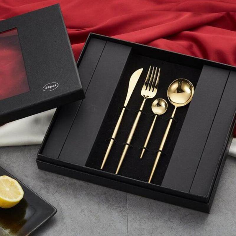 24pcs KuBac Hommi Luxury Golden Shiny Stainless Steel Steak Knife Fork Set Smooth Gold Cutlery Set With Luxury Gift Box - Nordic Side - 
