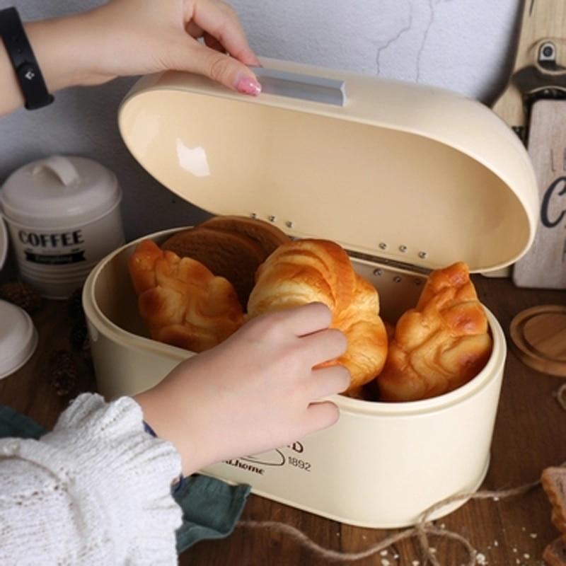 American Style Household Hinged Lid Durage White Retro Kitchen Tin Bread Food Snacks Bread Bin Holder Container Storage Box - Nordic Side - 