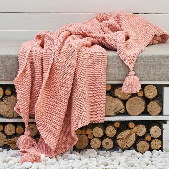 Hand Knitted Tassels Throw Blanket - Nordic Side - New